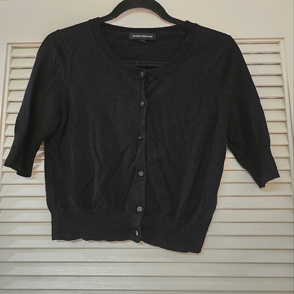 Express Design Studio - Black Thin ¾-Sleeve Button Cardigan Sweater